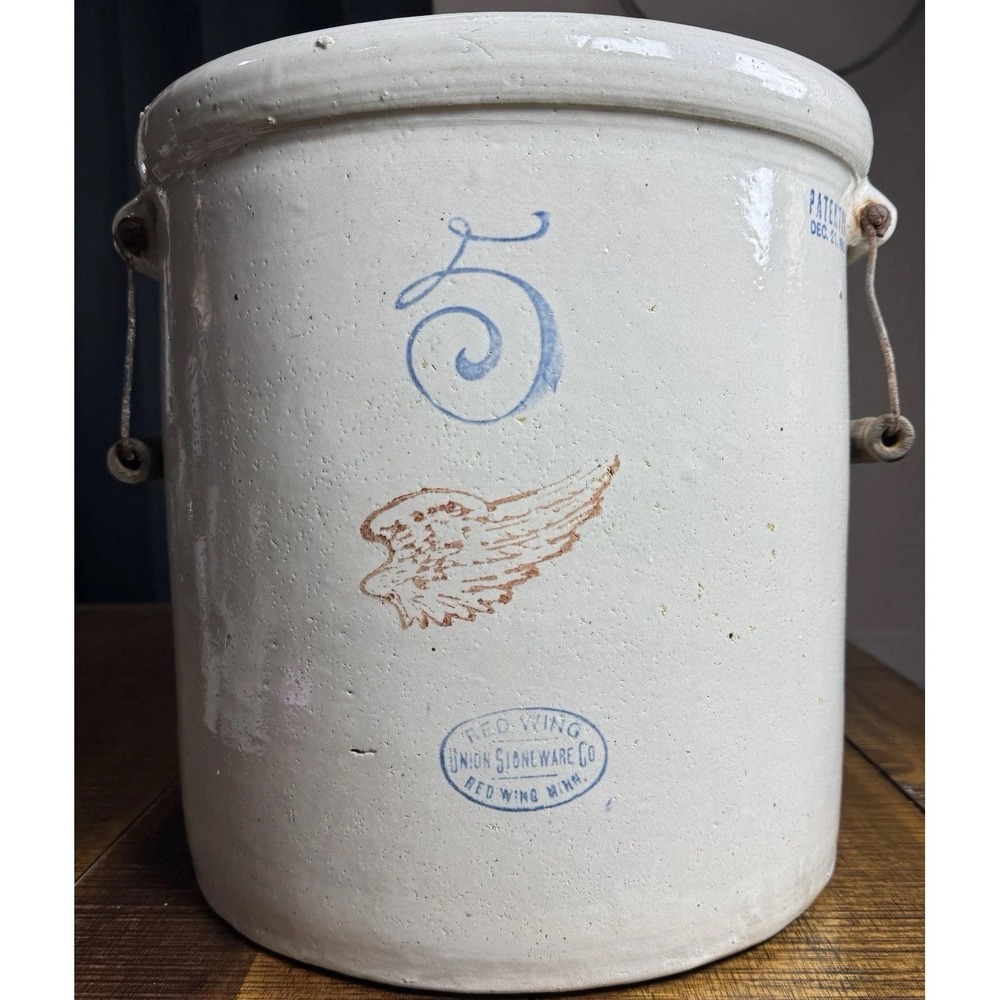 Antique 5 Gallon Red Wing Stoneware Crock Union Co. Red Wing, MN w/Bail Handles